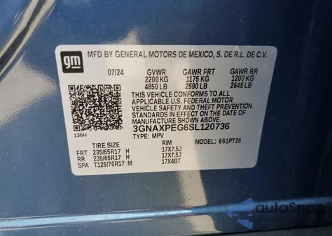 2025 Chevrolet Equinox Lt from USA, damaged, VIN 3GNAXPEG6SL120736